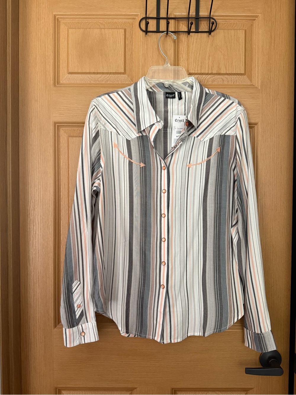 NWT Cruel Denim Striped Snap-Up Shirt in White, Gray & Pink (peach)